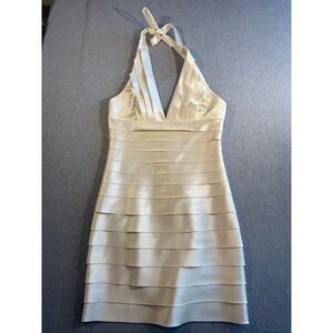 BCBG MaxAzria ivory satin tiered bandage halter mini cocktail dress
